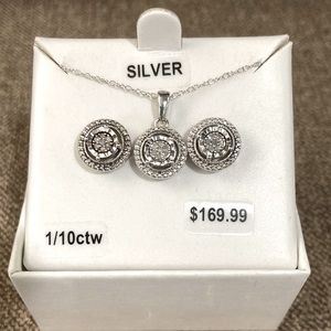 Genuine Diamond halo 1/10ctw sterling round earrings & pendant necklace set